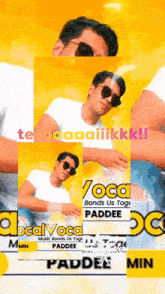 a man wearing sunglasses and a white shirt is on a yellow background that says local vocal