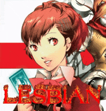 a picture of a girl with red hair and the word lesbian on it
