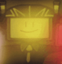 a yellow cartoon character with a smile on his face is standing in front of a red background .