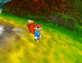 a cartoon squirrel in a blue shirt is standing on a grassy path