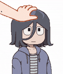 a pixel art drawing of a person 's head with a hand on it