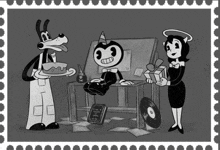 a black and white cartoon of bendy and alice holding gifts