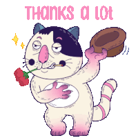 a cartoon cat holding a rose and a hat with the words thanks a lot below it