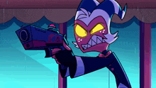 a cartoon character is holding a gun with the number 20 on the barrel