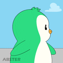 a green and white penguin is standing in front of a blue sky and the word abster is below it