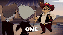 a cartoon of a man in a cowboy hat with the word one on the bottom right
