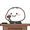 a cartoon character is sitting at a podium holding a wooden hammer .