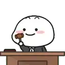 a cartoon character is sitting at a podium holding a wooden hammer .