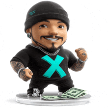 a figurine of a man wearing a shirt with an x on it