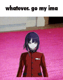 a girl in a red jacket is standing on a pink rug with the words " whatever go my ima " above her