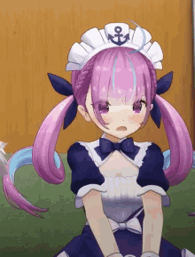 a girl with purple hair wearing a maid outfit