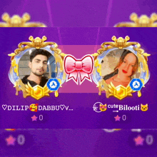 a man and a woman are displayed on a purple background with a bow