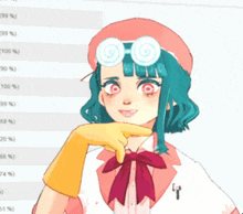 a cartoon girl wearing a beret and goggles has a glove on her hand