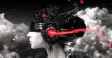 a woman wearing headphones and a helmet with a red light coming out of her eyes