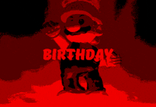 a close up of a person 's face with the words " birthday " written in red