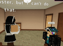 a girl in a maid outfit is standing in a room with the words " but i can 't do that " behind her
