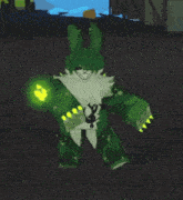 a cartoon character is standing in a dark room with a green glowing object in his hand .