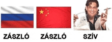 a man is holding a fork in front of a russian flag and a red flag .