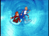 a cartoon of two boys riding a water slide in a pool .