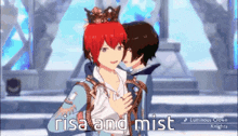a couple of anime characters standing next to each other with the words risa angmist written on the bottom