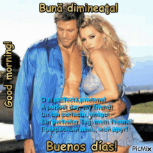 a picture of a man and a woman with the words buenos dias