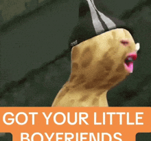 a peanut wearing a hat with the words got your little boyfriends