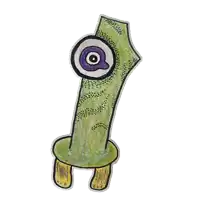a drawing of a green monster with a purple eye and yellow legs