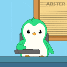 a cartoon penguin sits at a desk in front of a window with the word abster on it