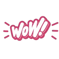 a pink and white logo that says wow on a white background