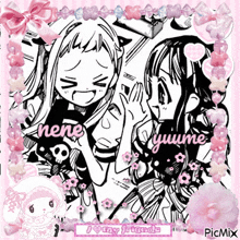 a black and white drawing of two girls with the words nene and yuume written on it