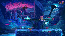 a painting of a waterfall with a sword in the foreground