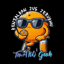 a cartoon orange wearing sunglasses and holding an orange and a glass of orange juice .