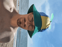 a man wearing a hat with a propeller on it stands on the beach