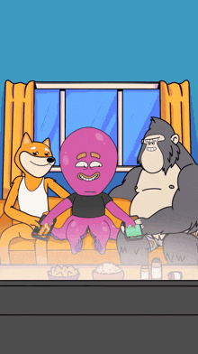 a dog a gorilla and an octopus sit on a couch