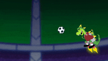 a cartoon character is doing a handstand while a rocket is flying in the background