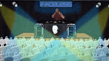a cartoon drawing of a dj with a sign above him that says facelpss