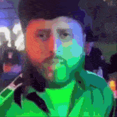 a painting of a man 's face with a green jacket on
