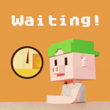 a cartoon character with a green hat is sitting in front of a clock that says waiting