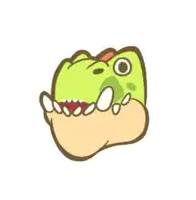 a cartoon drawing of a dinosaur with its mouth open and a tear coming out of its nose