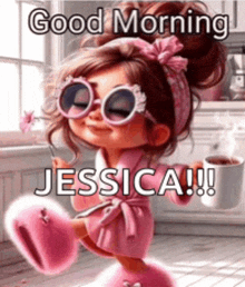 a little girl wearing sunglasses and a pink robe is holding a cup of coffee and a flower .