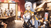 a girl with wings is holding a glass of milk in a room with pixverse.ai written on the bottom
