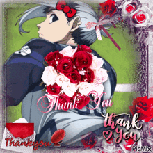 a picture of a man holding a bouquet of red and white roses with the words thank you on it