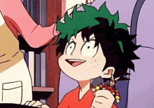 a cartoon of a boy holding a toy in his hand .
