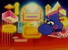 a cartoon of a hippo wearing a crown is standing in front of a colorful background .