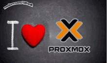 a chalkboard with the words `` i love proxmox '' written on it and a red heart .