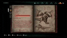 a video game is open to a page titled codex