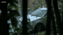 a white car is parked in the woods with bbc written on the bottom right