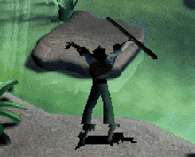 a pixelated image of a person holding a sword