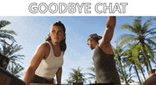 a man and a woman are standing next to each other with the words goodbye chat below them