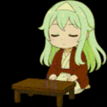 a cartoon girl with green hair is sitting at a table with her eyes closed